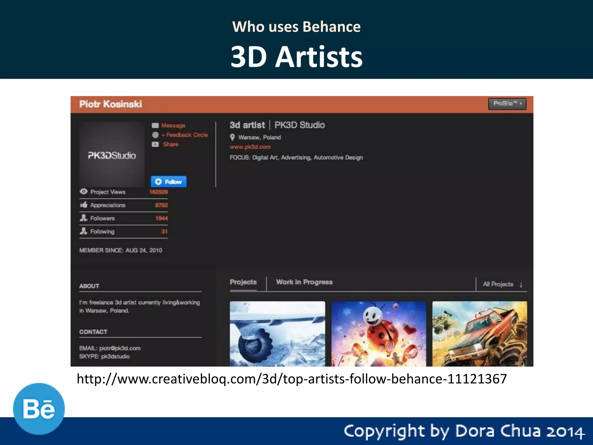 Who uses Behance

3D Artists

http://www.creativebloq.com/3d/top-artists-follow-behance-11121367

 