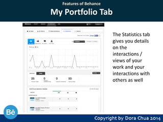 Features of Behance

My Portfolio Tab
The Statistics tab
gives you details
on the
interactions /
views of your
work and your
interactions with
others as well

 