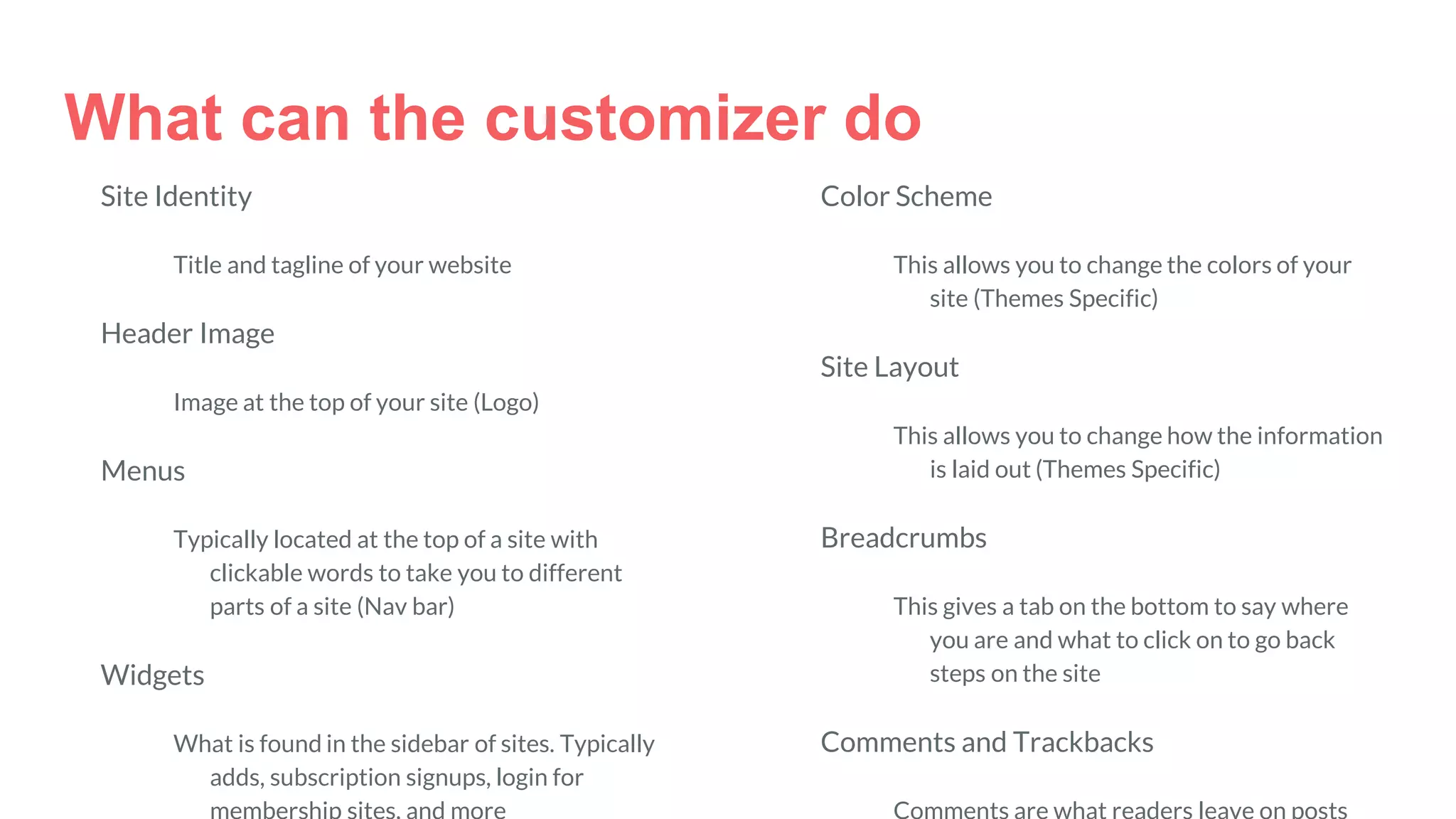 What can the customizer do
Site Identity
Title and tagline of your website
Header Image
Image at the top of your site (Logo)
Menus
Typically located at the top of a site with
clickable words to take you to different
parts of a site (Nav bar)
Widgets
What is found in the sidebar of sites. Typically
adds, subscription signups, login for
Color Scheme
This allows you to change the colors of your
site (Themes Specific)
Site Layout
This allows you to change how the information
is laid out (Themes Specific)
Breadcrumbs
This gives a tab on the bottom to say where
you are and what to click on to go back
steps on the site
Comments and Trackbacks
 