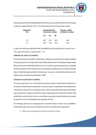 UNIVERSIDADNACIONALDE PIURA
FACULTAD DE INGENIERÍA CIVIL
PAVIMENTOS
Una aproximaciónde laprobabilidadde ocurrenciayel períodomediode retornopara
sismos de magnitudes de 7.0 y 7.5 se puede observar en el siguiente cuadro:
Magnitud
mb
Probabilidad de
Ocurrencia (años)
Período Medio
de Retorno (años)
20 30 40
7.0 38.7 52.1 62.5 40.8
7.5 23.9 33.3 41.8 73.9
Lo que nos indicaque cada 40.8 años,probablemente,se produzcaunsismode 𝑚𝑏 =
7.0 y cada 73.9 añosun sismode 𝑚𝑏 = 7.5.
AGRESION DEL SUELO AL CONCRETO.
El contenidode salessolubles,carbonatos,sulfatosyclorurosdeterminadosmediante
ensayosQuímicosenel Laboratoriode AnálisisQuímicode laFacultadde Ingenieríade
Minas de la UniversidadNacional de Piuraenmuestrasrepresentativas(verresultados
de AnálisisQuímico).Del análisisde losresultadosse deduce que lossuelospresentan
baja a moderada agresividadal concreto, por lo que se recomienda utilizar para las
edificaciones cemento Portland tipo I ó MS.
ANALISIS DE LICUEFACCION DE ARENAS.
En suelos granulares, las solicitaciones sísmicas pueden manifestarse mediante un
fenómeno denominadolicuefacción, el cual consiste en la pérdida momentánea de la
resistenciaal corte de lossuelosgranulares,comoconsecuenciade lapresiónde poros
que se generaen el agua contenidaenellosoriginadaporuna vibraciónviolenta.Esta
pérdida de resistencia del suelo se manifiesta en grandes asentamientos que ocurren
durante el sismo ó inmediatamente después de éste.
Sin embargo, para que un suelo granular, en presencia de un sismo, sea susceptible a
licuefacción debe presentar simultáneamente las características siguientes:
 Debe estar constituido por arena fina a arena fina limosa.
 