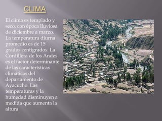 CLIMA
El clima es templado y
seco, con época lluviosa
de diciembre a marzo.
La temperatura diurna
promedio es de 15
grados centígrados. La
Cordillera de los Andes
es el factor determinante
de las características
climáticas del
departamento de
Ayacucho. Las
temperaturas y la
humedad disminuyen a
medida que aumenta la
altura
 