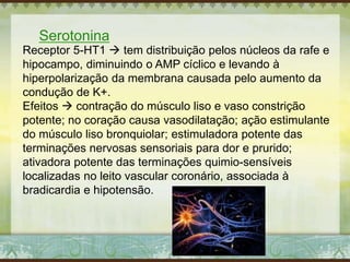 Serotonina
Receptor 5-HT1  tem distribuição pelos núcleos da rafe e
hipocampo, diminuindo o AMP cíclico e levando à
hiperpolarização da membrana causada pelo aumento da
condução de K+.
Efeitos  contração do músculo liso e vaso constrição
potente; no coração causa vasodilatação; ação estimulante
do músculo liso bronquiolar; estimuladora potente das
terminações nervosas sensoriais para dor e prurido;
ativadora potente das terminações quimio-sensíveis
localizadas no leito vascular coronário, associada à
bradicardia e hipotensão.
 