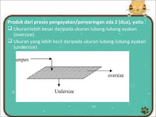 Produk dari proses pengayakan/penyaringan ada 2 (dua), yaitu :
 Ukuran lebih besar daripada ukuran lubang-lubang ayakan
(oversize).
 Ukuran yang lebih kecil daripada ukuran lubang-lubang ayakan
(undersize)
 