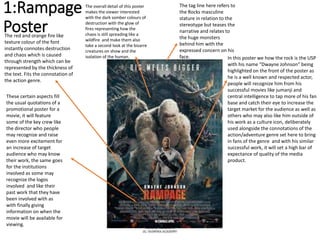 1:Rampage
Poster
In this poster we how the rock is the USP
with his name “Dwayne Johnson” being
highlighted on the front of the poster as
he is a well known and respected actor,
people will recognize him from his
successful movies like jumanji and
central intelligence to tap more of his fan
base and catch their eye to increase the
target market for the audience as well as
others who may also like him outside of
his work as a culture icon, deliberately
used alongside the connotations of the
action/adventure genre set here to bring
in fans of the genre and with his similar
successful work, it will set a high bar of
expectance of quality of the media
product.
The tag line here refers to
the Rocks masculine
stature in relation to the
stereotype but teases the
narrative and relates to
the huge monsters
behind him with the
expressed concern on his
face.
The red and orange fire like
texture colour of the font
instantly connotes destruction
and chaos which is caused
through strength which can be
represented by the thickness of
the text. Fits the connotation of
the action genre.
These certain aspects fill
the usual quotations of a
promotional poster for a
movie, it will feature
some of the key crew like
the director who people
may recognize and raise
even more excitement for
an increase of target
audience who may know
their work, the same goes
for the institutions
involved as some may
recognize the logos
involved and like their
past work that they have
been involved with as
with finally giving
information on when the
movie will be available for
viewing.
The overall detail of this poster
makes the viewer interested
with the dark somber colours of
destruction with the glow of
fires representing how the
chaos is still spreading like a
wildfire and make them also
take a second look at the bizarre
creatures on show and the
isolation of the human.
 