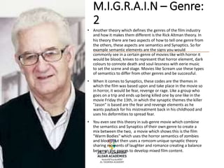 M.I.G.R.A.I.N – Genre:
2
• Another theory which defines the genres of the film industry
and how it makes them different is the Rick Altman theory. In
his theory there are two aspects of how to tell one genre from
the others, these aspects are semantics and Synaptics. So for
example semantic elements are the signs you would
commonly see in a certain genre of movies like with horror it
would be blood, knives to represent that horror element, dark
colours to connote death and soul-lessness with eerie music
to set the scene and stage. Movies like Scream use these types
of semantics to differ from other genres and be successful.
• When it comes to Synaptics, these codes are the themes in
which the film was based upon and take place in the movie so
in horror, it would be fear, revenge or rage. Like a group who
goes on a trip and ends up being killed one by one like in the
movie Friday the 13th, in which the synaptic themes the killer
"Jason" is based are the fear and revenge elements as he
wants payback for his mistreatment back in his childhood and
uses his deformities to spread fear.
• You even see this theory in sub-genre movie which combine
the semantics and Synaptics of their own genre to create a
mix between the two, a movie which shows this is the film
"Warm Bodies" which uses the horror semantics of zombies
and blood, but then uses a romcom unique synaptic theory
sharing moments of laughter and romance creating a balance
between the genres to develop mixed film content.
 
