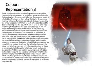 Colour:
Representation 3
• As part of representation, one subtle way commonly used to
represent characters as part of symbolism (using certain simple
features to give a deeper meaning behind the person or object it
is linked to). Producers in story telling like to give deeper more
meaning tell signs of characters or objects through representing
the colour associated with them as each colours can be used for
deeper meanings like the red, which can be used to symbolize
love through the redness of a rose, it can be a sign of evil and
blood then linking to chaos and evil acts. As we previously
discussed before with the representation of binary opposition
theory by Levi Strauss which this technique of symbolism of
colours which can be used to differ between the oppositions.
They offer clear but subtle signs for the viewer to make the
distinction between for example good and evil, the franchise we
discussed beforehand also uses this technique and proves its
existence, for example dark Vader is in all black when we first see
him which can indicate death and the lightsaber he uses is the
colour red which can connote evil villainous intentions of chaos
to cause death. Luke Skywalker who is our heroic protagonist
character the first time we see him is wearing white-ish robes
that denotes his purity like his attire with no colour to fil in the
blank making it pure and the lightsaber colour he uses is blue
which can show goodness, hopefulness and heroic just like his
character later as he develops. Little signs in the attire they have
and the props they use which symbolizes what type of characters
they both are.
 