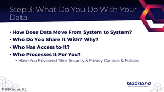 Step 3: What Do You Do With Your
Data
• How Does Data Move From System to System?
• Who Do You Share It With? Why?
• Who H...