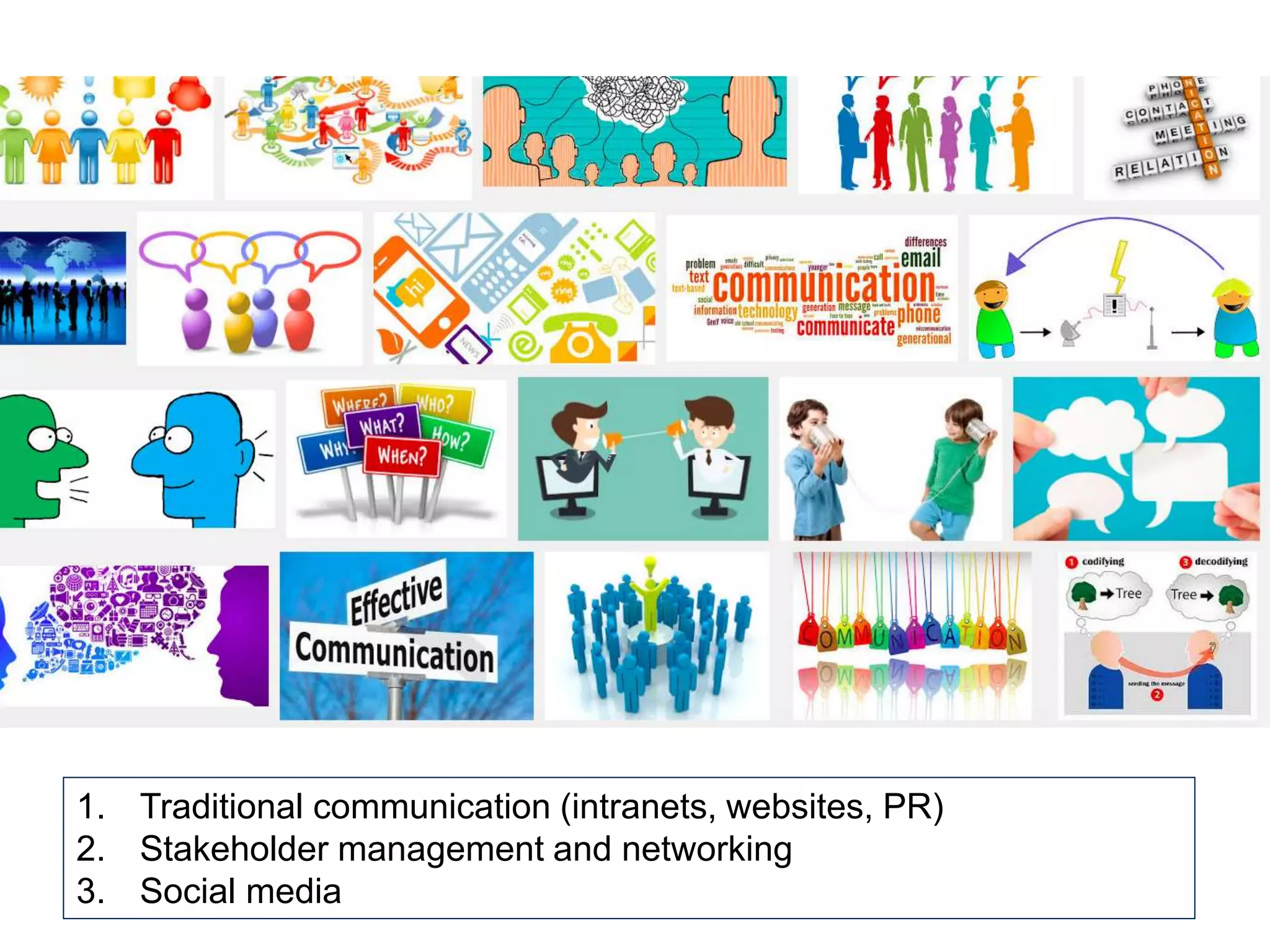 1. Traditional communication (intranets, websites, PR)
2. Stakeholder management and networking
3. Social media
 