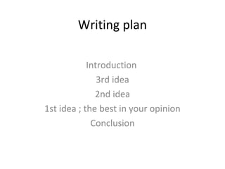 Writing plan
Introduction
3rd idea
2nd idea
1st idea ; the best in your opinion
Conclusion
 