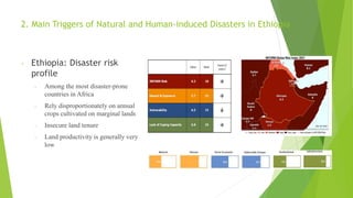 2. Main Triggers of Natural and Human-induced Disasters in Ethiopia
- Ethiopia: Disaster risk
profile
- Among the most disaster-prone
countries in Africa
- Rely disproportionately on annual
crops cultivated on marginal lands
- Insecure land tenure
- Land productivity is generally very
low
 