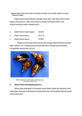 - Daging bekicot dicuci kemudian masukkan ke dalam air mendidih selama 10 menit
   (sampai masak).

      Daging bekicot dapat diberikan sebagai pakan ayam, baik dalam bentuk basah
(segar), kering ataupun, dalam bentuk tepung, dengan kandungan protein untuk
masing-masingnya adalah sebagai berikut :



a.    Dalam bentuk basah (segar)        54,29%

b.    Dalam bentuk kering               64,13 %

c.    Dalam bentuk tepung               24,80%

          Meskipun kandungan protein tepung bekicot tinggi, tetapi pemakaiannya tidak
boleh melebihi 10%. Cangkang bekicot dapat digunakan sebagai pakan tambahan
menggantikan tepung kapur dan grit.




6.    Bahan Pakan Pelengkap/Suplemen.

      Bahan pakan pelengkap ini merupakan bahan buatan pabrik dan diproduksi untuk
melengkapi zat-zat gizi yang biasanya kurang banyak atau kurang lengkap dikandung oleh
bahan pakan alami.
 