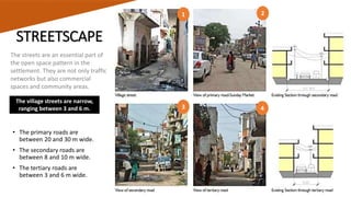 STREETSCAPE
• The primary roads are
between 20 and 30 m wide.
• The secondary roads are
between 8 and 10 m wide.
• The tertiary roads are
between 3 and 6 m wide.
1
3
2
4
The streets are an essential part of
the open space pattern in the
settlement. They are not only traffic
networks but also commercial
spaces and community areas.
The village streets are narrow,
ranging between 3 and 6 m.
 