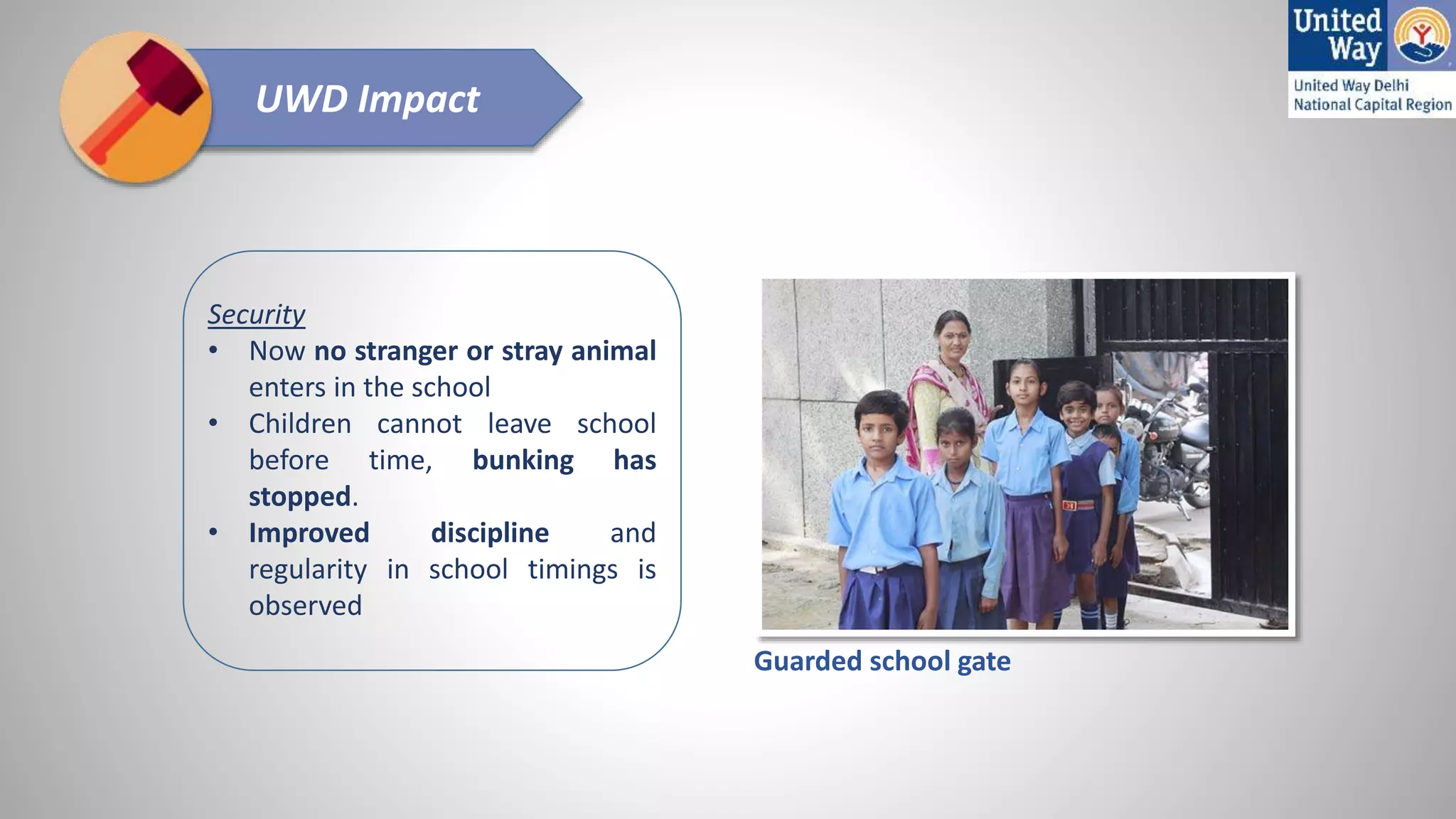 Security
• Now no stranger or stray animal
enters in the school
• Children cannot leave school
before time, bunking has
stopped.
• Improved discipline and
regularity in school timings is
observed
UWD Impact
Guarded school gate
 