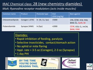IRAC Chemical class: 28 (new chemistry-diamides)
MoA: Ryanodine receptor modulators (acts inside muscles)
Common name           Product          Pesticide type     Oral           Best against
                                                          LD50 (mg/kg)
Chlorantraniliprole   Coragen 1.67SC   In (St, Co, Sys)   >5000          CPB, CEW, ECB, FAW,
                                                                         BAW, CL, SqVB, SB
Flubendiamide         Synapse 24WG     In (Sys)           >2000          CEW, ECB, CL, ImCW,
                                                                         BAW, FAW

               Diamides:
               • Rapid inhibition of feeding, paralysis
               • Selective insecticides, contact/stomach action
               • No aphid or mite flaring
               • Appl. rate = 3-5 oz (Coragen), 2-3 oz (Synapse)
               • 1 day PHI
 
