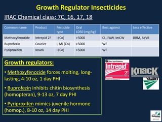 Growth Regulator Insecticides
IRAC Chemical class: 7C, 16, 17, 18
Common name       Product       Pesticide    Oral           Best against    Less effective
                                type         LD50 (mg/kg)
Methoxyfenozide   Intrepid 2F   I (Co)       >5000          CL, FAW, ImCW   DBM, SqVB
Buprofezin        Courier       I, Mi (Co)   >5000          WF
Pyriproxifen      Knack         I (Co)       >5000          WF


Growth regulators:
• Methoxyfenozide forces molting, long-
lasting, 4-10 oz, 1 day PHI
• Buprofezin inhibits chitin biosynthesis
(homopteran), 9-13 oz, 7 day PHI
• Pyriproxifen mimics juvenile hormone
(homop.), 8-10 oz, 14 day PHI
 