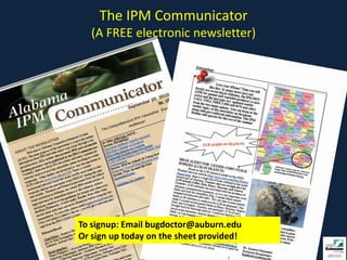 The IPM Communicator
   (A FREE electronic newsletter)




To signup: Email bugdoctor@auburn.edu
Or sign up today on the sheet provided!
 