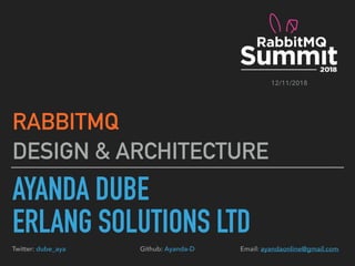 AYANDA DUBE
ERLANG SOLUTIONS LTD
RABBITMQ
DESIGN & ARCHITECTURE
12/11/2018
Twitter: dube_aya Github: Ayanda-D Email: ayandaonline@gmail.com
 