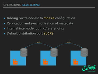 OPERATIONS: CLUSTERING
▸ Adding “extra nodes” to mnesia conﬁguration
▸ Replication and synchronisation of metadata
▸ Inter...