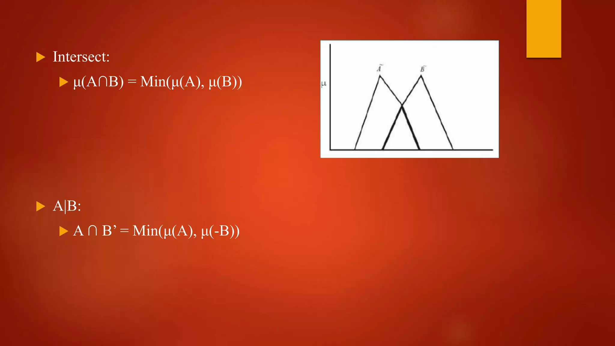  Intersect:
 μ(A∩B) = Min(μ(A), μ(B))
 A|B:
 A ∩ B’ = Min(μ(A), μ(-B))
 