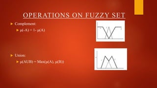  Complement:
 μ(-A) = 1- μ(A)
 Union:
 μ(AUB) = Max(μ(A), μ(B))
OPERATIONS ON FUZZY SET
 