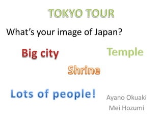 TOKYO TOUR What’s your image of Japan? Temple  Big city Shrine  Lots of people! AyanoOkuaki Mei Hozumi 