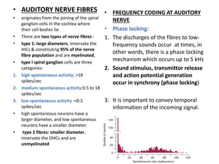 • AUDITORY NERVE FIBRES
• originates from the joining of the spiral
ganglion cells in the cochlea where
their cell bodies lie.
• There are two types of nerve fibres :
• type 1: large diameters, innervate the
IHCs & constituting 95% of the nerve
fibre population and are myelinated,
• type I spiral ganglion cells are three
categories:
1. high spontaneous activity: >18
spikes/sec
2. medium spontaneous activity:0.5 to 18
spikes/sec
3. low spontaneous activity :<0.5
spikes/sec
• high spontaneous neurons have a
larger diameter, and low spontaneous
neurons have a smaller diameter.
• type 2 fibres: smaller diameter,
innervate the OHCs and are
unmyelinated
• FREQUENCY CODING AT AUDITORY
NERVE
• Phase locking:
1. The discharges of the fibres to low-
frequency sounds occur at times, in
other words, there is a phase locking
mechanism which occurs up to 5 kHz
2. Sound stimulus, transmittor release
and action potential generation
occur in synchrony (phase locking)
3. It is important to convey temporal
information of the incoming signal.
 