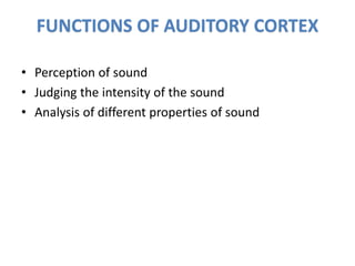 FUNCTIONS OF AUDITORY CORTEX
• Perception of sound
• Judging the intensity of the sound
• Analysis of different properties of sound
 