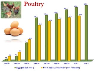 1.8 
5.3 
Poultry 
21.1 
50.7 
53.6 
55.6 
60.3 
63.0 
65.5 
5.0 
10.0 
25.0 
42.0 
47.0 
49.0 
51.0 
53.0 
1950-51 1968-69 1990-91 2006-07 2007-08 2008-09 2009-10 2010-11 2011-12 
Egg (billion nos.) Per Capita Availability (nos/annum) 
 