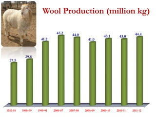 Wool Production (million kg) 
27.5 
29.8 
41.2 
45.2 
44.0 
41.0 
43.1 43.0 
44.4 
1950-51 1968-69 1990-91 2006-07 2007-08 2008-09 2009-10 2010-11 2011-12 
 