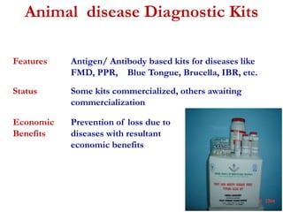Animal disease Diagnostic Kits 
Features Antigen/ Antibody based kits for diseases like 
FMD, PPR, Blue Tongue, Brucella, IBR, etc. 
Status Some kits commercialized, others awaiting 
commercialization 
Economic 
Benefits 
Prevention of loss due to 
diseases with resultant 
economic benefits 
 