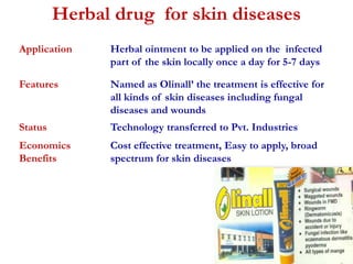 Herbal drug for skin diseases 
Application Herbal ointment to be applied on the infected 
part of the skin locally once a day for 5-7 days 
Features Named as Olinall’ the treatment is effective for 
all kinds of skin diseases including fungal 
diseases and wounds 
Status Technology transferred to Pvt. Industries 
Economics 
Benefits 
Cost effective treatment, Easy to apply, broad 
spectrum for skin diseases 
 