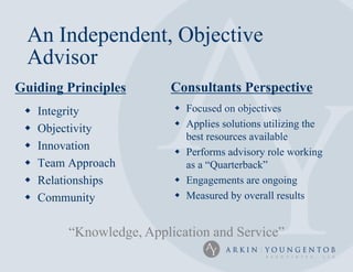 An Independent, Objective
 Advisor
Guiding Principles         Consultants Perspective
    Integrity              Focused on objectives
    Objectivity            Applies solutions utilizing the
                             best resources available
    Innovation             Performs advisory role working
    Team Approach           as a “Quarterback”
    Relationships          Engagements are ongoing
    Community              Measured by overall results


          “Knowledge, Application and Service”
 
