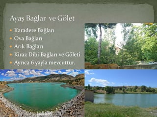  Karadere Bağları
 Ova Bağları
 Arık Bağları
 Kiraz Dibi Bağları ve Göleti
 Ayrıca 6 yayla mevcuttur.
 