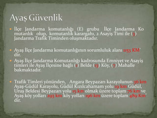  İlçe Jandarma komutanlığı (E) grubu İlçe Jandarma Ko
mutanlık olup, komutanlık karargahı, 2 Asayiş Timi ile (3)
Jandarma Trafik Timinden oluşmaktadır.
 Ayaş İlçe Jandarma komutanlığının sorumluluk alanı 1153 KM’
dir.
 Ayaş İlçe Jandarma Komutanlığı kadrosunda Emniyet ve Asayiş
timleri ile Ayaş İlçesine bağlı (1) Belde (13) Köy, (7) Mahalle
bakmaktadır.
 Trafik Timleri yönünden, Angara Beypazarı karayolunun 36 km
Ayaş-Güdül Karayolu, Güdül Kızılcahamam yolu 19 km Güdül,
Uruş Beldesi Beypazarı yolu 15 km olmak üzere toplam 76 km ve
Ayaş köy yolları 293 km köy yolları 196 km üzere toplam 489 Km’
dir.
 