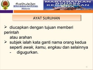 11
AYAT SURUHANAYAT SURUHAN
 diucapkan dengan tujuan memberi
perintah
atau arahan
 subjek ialah kata ganti nama orang kedua
seperti awak, kamu, engkau dan selainnya
- digugurkan.
 