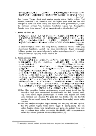 16



Dan kepada Tsamud (kami utus) saudara mereka shaleh. Shaleh berkata: "Hai
kaumku, sembahlah Allah, sekali-kali tidak ada bagimu Tuhan selain Dia. Dia telah
menciptakan kamu dari bumi (tanah) dan menjadikan kamu pemakmurnya22, karena
itu mohonlah ampunan-Nya, kemudian bertobatlah kepada-Nya, Sesungguhnya
Tuhanku Amat dekat (rahmat-Nya) lagi memperkenankan (doa hamba-Nya)."
2. Surah An-Nahl: 59





Ia Menyembunyikan dirinya dari orang banyak, disebabkan buruknya berita yang
disampaikan kepadanya. Apakah Dia akan memeliharanya dengan menanggung
kehinaan ataukah akan menguburkannya ke dalam tanah (hidup-hidup) ?. ketahuilah,
Alangkah buruknya apa yang mereka tetapkan itu.
3. Surah An-Nahl: 80-81














80.Dan Allah menjadikan bagimu rumah-rumahmu sebagai tempat tinggal dan Dia
menjadikan bagi kamu rumah-rumah (kemah-kemah) dari kulit binatang ternak
yang kamu merasa ringan (membawa)nya di waktu kamu berjalan dan waktu
kamu bermukim dan (dijadikan-Nya pula) dari bulu domba, bulu onta dan bulu
kambing, alat-alat rumah tangga dan perhiasan (yang kamu pakai) sampai waktu
(tertentu).
81.Dan Allah menjadikan bagimu tempat bernaung dari apa yang telah Dia ciptakan,
dan Dia jadikan bagimu tempat-tempat tinggal di gunung-gunung, dan Dia
jadikan bagimu pakaian yang memeliharamu dari panas dan pakaian (baju besi)
yang memelihara kamu dalam peperangan. Demikianlah Allah menyempurnakan
nikmat-Nya atasmu agar kamu berserah diri (kepada-Nya).
22 Maksudnya: manusia dijadikan penghuni dunia untuk menguasai dan memakmurkan dunia
 