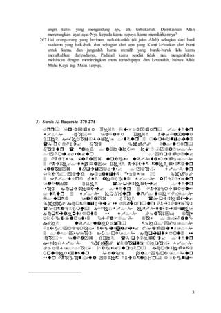 3
angin keras yang mengandung api, lalu terbakarlah. Demikianlah Allah
menerangkan ayat-ayat-Nya kepada kamu supaya kamu memikirkannya3
267.Hai orang-orang yang beriman, nafkahkanlah (di jalan Allah) sebagian dari hasil
usahamu yang baik-baik dan sebagian dari apa yang Kami keluarkan dari bumi
untuk kamu. dan janganlah kamu memilih yang buruk-buruk lalu kamu
menafkahkan daripadanya, Padahal kamu sendiri tidak mau mengambilnya
melainkan dengan memincingkan mata terhadapnya. dan ketahuilah, bahwa Allah
Maha Kaya lagi Maha Terpuji.
3) Surah Al-Baqarah: 270-274



























 