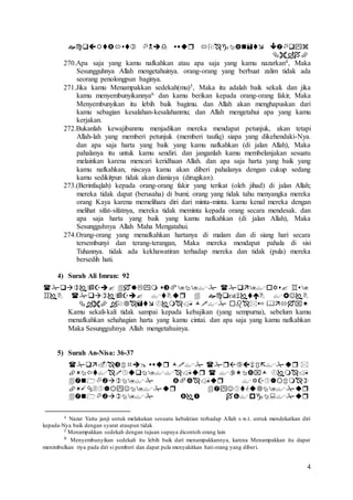 4


270.Apa saja yang kamu nafkahkan atau apa saja yang kamu nazarkan4, Maka
Sesungguhnya Allah mengetahuinya. orang-orang yang berbuat zalim tidak ada
seorang penolongpun baginya.
271.Jika kamu Menampakkan sedekah(mu)5, Maka itu adalah baik sekali. dan jika
kamu menyembunyikannya6 dan kamu berikan kepada orang-orang fakir, Maka
Menyembunyikan itu lebih baik bagimu. dan Allah akan menghapuskan dari
kamu sebagian kesalahan-kesalahanmu; dan Allah mengetahui apa yang kamu
kerjakan.
272.Bukanlah kewajibanmu menjadikan mereka mendapat petunjuk, akan tetapi
Allah-lah yang memberi petunjuk (memberi taufiq) siapa yang dikehendaki-Nya.
dan apa saja harta yang baik yang kamu nafkahkan (di jalan Allah), Maka
pahalanya itu untuk kamu sendiri. dan janganlah kamu membelanjakan sesuatu
melainkan karena mencari keridhaan Allah. dan apa saja harta yang baik yang
kamu nafkahkan, niscaya kamu akan diberi pahalanya dengan cukup sedang
kamu sedikitpun tidak akan dianiaya (dirugikan).
273.(Berinfaqlah) kepada orang-orang fakir yang terikat (oleh jihad) di jalan Allah;
mereka tidak dapat (berusaha) di bumi; orang yang tidak tahu menyangka mereka
orang Kaya karena memelihara diri dari minta-minta. kamu kenal mereka dengan
melihat sifat-sifatnya, mereka tidak meminta kepada orang secara mendesak. dan
apa saja harta yang baik yang kamu nafkahkan (di jalan Allah), Maka
Sesungguhnya Allah Maha Mengatahui.
274.Orang-orang yang menafkahkan hartanya di malam dan di siang hari secara
tersembunyi dan terang-terangan, Maka mereka mendapat pahala di sisi
Tuhannya. tidak ada kekhawatiran terhadap mereka dan tidak (pula) mereka
bersedih hati.
4) Surah Ali Imran: 92



Kamu sekali-kali tidak sampai kepada kebajikan (yang sempurna), sebelum kamu
menafkahkan sehahagian harta yang kamu cintai. dan apa saja yang kamu nafkahkan
Maka Sesungguhnya Allah mengetahuinya.
5) Surah An-Nisa: 36-37





4 Nazar Yaitu janji untuk melakukan sesuatu kebaktian terhadap Allah s.w.t. untuk mendekatkan diri
kepada-Nya baik dengan syarat ataupun tidak
5 Menampakkan sedekah dengan tujuan supaya dicontoh orang lain
6 Menyembunyikan sedekah itu lebih baik dari menampakkannya, karena Menampakkan itu dapat
menimbulkan riya pada diri si pemberi dan dapat pula menyakitkan hati orang yang diberi.
 