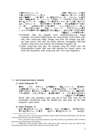5










36.Sembahlah Allah dan janganlah kamu mempersekutukan-Nya dengan
sesuatupun. dan berbuat baiklah kepada dua orang ibu-bapa, karib-kerabat, anak-
anak yatim, orang-orang miskin, tetangga yang dekat dan tetangga yang jauh7,
dan teman sejawat, Ibnu sabil8 dan hamba sahayamu. Sesungguhnya Allah tidak
menyukai orang-orang yang sombong dan membangga-banggakan diri,
37.(yaitu) orang-orang yang kikir, dan menyuruh orang lain berbuat kikir, dan
Menyembunyikan karunia Allah yang telah diberikan-Nya kepada mereka. dan
Kami telah menyediakan untuk orang-orang kafir9 siksa yang menghinakan.
2. Ayat tentang dasar-dasar ekonomi
1) Surah Al-Baqarah: 29





Dia-lah Allah, yang menjadikan segala yang ada di bumi untuk kamu dan Dia
berkehendak (menciptakan) langit, lalu dijadikan-Nya tujuh langit. dan Dia Maha
mengetahui segala sesuatu.
2) Surah Ali Imran: 14


7 Dekat dan jauh di sini ada yang mengartikan dengan tempat, hubungan kekeluargaan, dan ada pula
antara yang Muslim dan yang bukan Muslim.
8 Ibnus sabil ialah orang yang dalam perjalanan yang bukan ma'shiat yang kehabisan bekal. Termasuk
juga anak yang tidak diketahui ibu bapaknya.
9 Maksudnya kafir terhadap nikmat Allah, ialah karena kikir, menyuruh orang lain berbuat kikir.
Menyembunyikan karunia Allah berarti tidak mensyukuri nikmat Allah
 