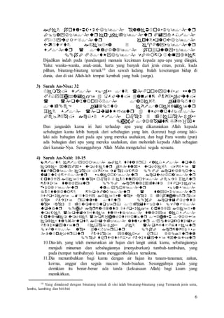 6






Dijadikan indah pada (pandangan) manusia kecintaan kepada apa-apa yang diingini,
Yaitu: wanita-wanita, anak-anak, harta yang banyak dari jenis emas, perak, kuda
pilihan, binatang-binatang ternak10 dan sawah ladang. Itulah kesenangan hidup di
dunia, dan di sisi Allah-lah tempat kembali yang baik (surga).
3) Surah An-Nisa: 32







Dan janganlah kamu iri hati terhadap apa yang dikaruniakan Allah kepada
sebahagian kamu lebih banyak dari sebahagian yang lain. (karena) bagi orang laki-
laki ada bahagian dari pada apa yang mereka usahakan, dan bagi Para wanita (pun)
ada bahagian dari apa yang mereka usahakan, dan mohonlah kepada Allah sebagian
dari karunia-Nya. Sesungguhnya Allah Maha mengetahui segala sesuatu.
4) Surah An-Nahl: 10-15



















10.Dia-lah, yang telah menurunkan air hujan dari langit untuk kamu, sebahagiannya
menjadi minuman dan sebahagiannya (menyuburkan) tumbuh-tumbuhan, yang
pada (tempat tumbuhnya) kamu menggembalakan ternakmu.
11.Dia menumbuhkan bagi kamu dengan air hujan itu tanam-tanaman; zaitun,
korma, anggur dan segala macam buah-buahan. Sesungguhnya pada yang
demikian itu benar-benar ada tanda (kekuasaan Allah) bagi kaum yang
memikirkan.
10 Yang dimaksud dengan binatang ternak di sini ialah binatang-binatang yang Termasuk jenis unta,
lembu, kambing dan biri-biri
 