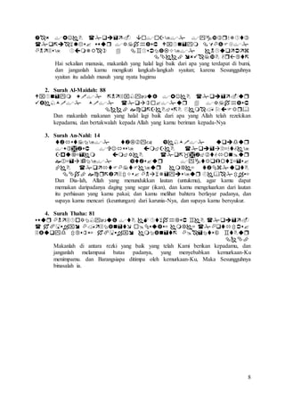 8




Hai sekalian manusia, makanlah yang halal lagi baik dari apa yang terdapat di bumi,
dan janganlah kamu mengikuti langkah-langkah syaitan; karena Sesungguhnya
syaitan itu adalah musuh yang nyata bagimu
2. Surah Al-Maidah: 88



Dan makanlah makanan yang halal lagi baik dari apa yang Allah telah rezekikan
kepadamu, dan bertakwalah kepada Allah yang kamu beriman kepada-Nya
3. Surah An-Nahl: 14






Dan Dia-lah, Allah yang menundukkan lautan (untukmu), agar kamu dapat
memakan daripadanya daging yang segar (ikan), dan kamu mengeluarkan dari lautan
itu perhiasan yang kamu pakai; dan kamu melihat bahtera berlayar padanya, dan
supaya kamu mencari (keuntungan) dari karunia-Nya, dan supaya kamu bersyukur.
4. Surah Thaha: 81




Makanlah di antara rezki yang baik yang telah Kami berikan kepadamu, dan
janganlah melampaui batas padanya, yang menyebabkan kemurkaan-Ku
menimpamu. dan Barangsiapa ditimpa oleh kemurkaan-Ku, Maka Sesungguhnya
binasalah ia.
 