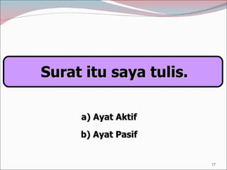 Surat itu saya tulis. a) Ayat Aktif b) Ayat Pasif 