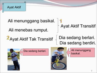 Ayat Aktif Ali menunggang basikal. Ali menebas rumput. Dia sedang berlari. Dia sedang berdiri. Ayat Aktif Transitif Ayat Aktif Tak Transitif Ali menunggang basikal. Dia sedang berlari. 