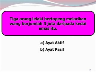 Tiga orang lelaki bertopeng melarikan wang berjumlah 3 juta daripada kedai emas itu. a) Ayat Aktif b) Ayat Pasif 