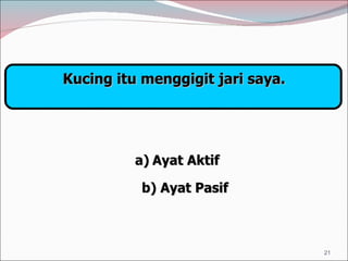 Kucing itu menggigit jari saya. Ayat Aktif b) Ayat Pasif 