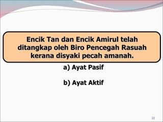 Encik Tan dan Encik Amirul telah ditangkap oleh Biro Pencegah Rasuah kerana disyaki pecah amanah. a) Ayat Pasif b) Ayat Aktif 