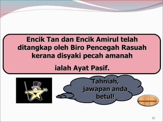Tahniah, jawapan anda betul! Encik Tan dan Encik Amirul telah ditangkap oleh Biro Pencegah Rasuah kerana disyaki pecah amanah ialah Ayat Pasif. 