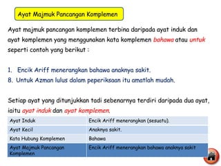 Ayat majmuk pancangan komplemen terbina daripada ayat induk dan  ayat komplemen yang menggunakan kata komplemen  bahawa  atau  untuk   seperti contoh yang berikut : 1.  Encik Ariff menerangkan bahawa anaknya sakit. Untuk Azman lulus dalam peperiksaan itu amatlah mudah. Setiap ayat yang ditunjukkan tadi sebenarnya terdiri daripada dua ayat, iaitu  ayat induk  dan  ayat komplemen . Misalnya ayat 1 : Ayat Majmuk Pancangan Komplemen  Ayat Induk Encik Ariff menerangkan (sesuatu). Ayat Kecil Anaknya sakit. Kata Hubung Komplemen Bahawa Ayat Majmuk Pancangan Komplemen Encik Ariff menerangkan bahawa anaknya sakit 