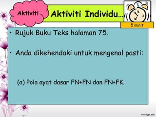 • Rujuk Buku Teks halaman 75.
• Anda dikehendaki untuk mengenal pasti:
(a) Pola ayat dasar FN+FN dan FN+FK.
Aktiviti Individu…Aktiviti
5 minit
 