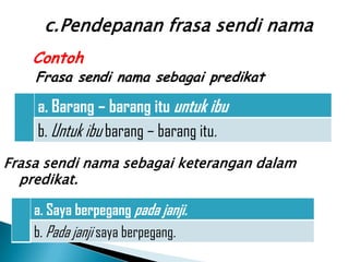 c.Pendepanan frasa sendi nama
    Contoh
    Frasa sendi nama sebagai predikat

    a. Barang – barang itu untuk ibu
    b. Untuk ibu barang – barang itu.
Frasa sendi nama sebagai keterangan dalam
  predikat.

    a. Saya berpegang pada janji.
    b. Pada janji saya berpegang.
 